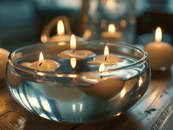 Four lit candles floating in a bowl of water.